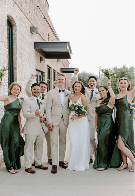 Green Suit Champagne Tie, Family Coordinating Outfits Wedding, Tan Suit With Emerald Green, Groomsmen Attire Beige And Green, Green And Gold Wedding Party Attire, Tan Suit With Green Bow Tie, Tan And Emerald Green Suit, Khaki Green Wedding, Bridesmaid And Groomsmen Pictures Green