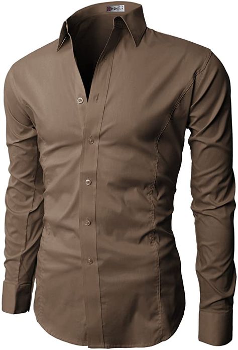 H2H Mens Casual Business Slim Fit Button-Down Dress Long Sleeve Sleeves Solid Colors Brown Tight Casual Dresses, Long Sleeve Dress Shirt Men, Men's Shirts And Tops, Slim Fit Mens Shirts, Long Sleeve Fitted Dress, Slim Fit Dress Shirts, Business Shirts, Slim Fit Dresses, Basic Long Sleeve