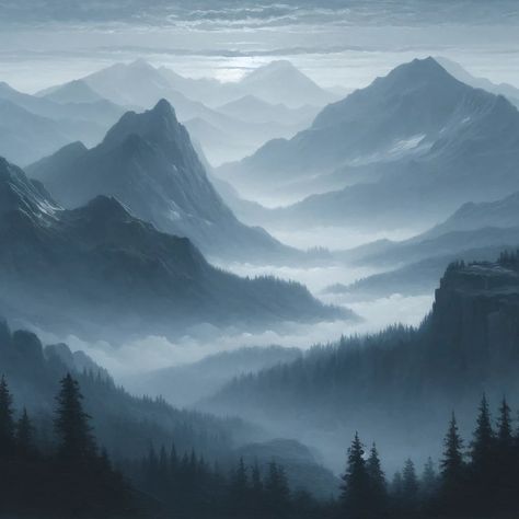 Experience the timeless beauty of a misty mountain range at dawn with this captivating wall art. Rendered in Classicism style, this piece uses a Monochromatic palette of blues and greys, showcasing the grandeur and serenity of the mountains. The Oil on canvas technique highlights the rich colors and intricate details, making it a stunning addition to any space.. #InstagramHighlightCovers #FreeHighlightCovers #InstaCovers #HighlightIcons #CustomHighlightCovers #HighlightIconsFree Monochromatic Painting Ideas, Mountain Color Palette, Moodboard Pictures, Grey Mountains, Whimsical Photoshoot, Free Instagram Highlight Covers, Misty Landscape, Monochromatic Painting, Painted Pictures