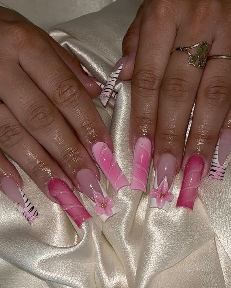 Dark And Light Pink Nails, Light And Dark Pink Nails, Pink Hoco Nails, Ambre Nails, Dark Pink Nails, Hoco Nails, Light Pink Nails, Long Acrylic Nail Designs, Hot Pink Nails