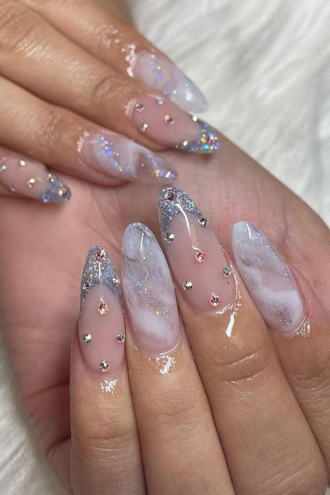 Nail Art Inspo Aesthetic 2024, Nails With Gems Rhinestones, Fairytale Nails, Glitter Almond Nails, Enchanted Nails, Moonstone Nails, Whimsical Nails, Gems Nails, Bing Chilling