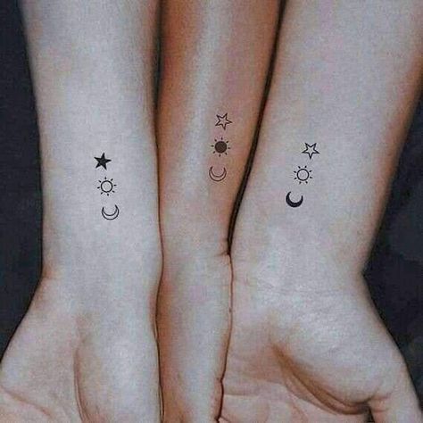 Bff Tattoos For 4 People, Tattoo For 4 Siblings, Sibling Tattoos 4 Siblings, Matching Tattoos For 3, 3 Friend Tattoos, Friendship Tattoos For 3, Tattoos Stars, Niece Tattoo, 999 Tattoo