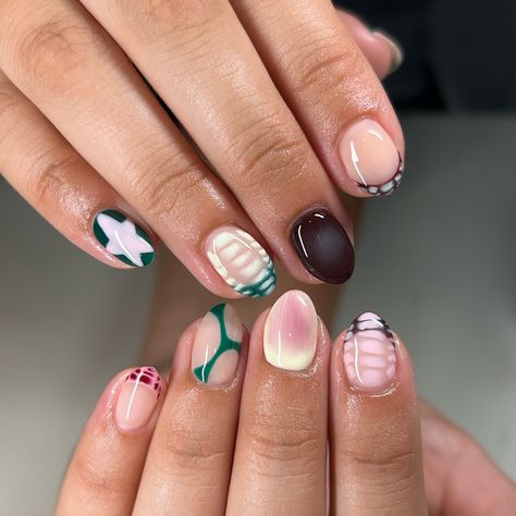 These have got to be my favorite type of nails to do!!🤩 #nailart #biab #luminarynailsystems #gelnails #bloominggel #planails #airbrushnails #starnails #abstractnails Funky Biab Nails, Cool Funky Nails, Fall Blooming Gel Nails, Fun Fall Nails, Type Of Nails, Cute Funky Nails, Pale Nails, Artsy Nails, Nails Funky