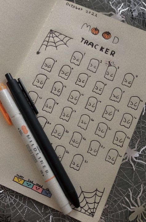 Halloween Mood Tracker, Halloween Bullet Journal, Bullet Journal Mood Tracker, Journal Mood Tracker, Adorable Aesthetic, October Mood, Tracker Bullet Journal, Habit Tracker Bullet Journal, Journal Bullet