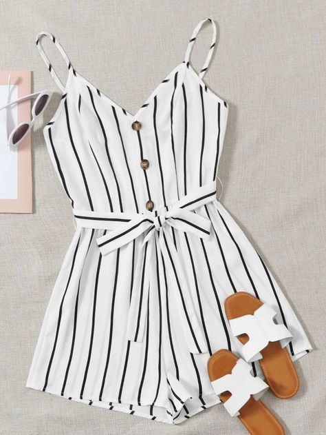 Buttoned Front Self Belted Striped Cami Romper | SHEIN USA Cami Romper, Jumpsuit Shorts Rompers, Cute Rompers, Striped Rompers, Girls Fashion Clothes, Cute Summer Outfits, Teen Fashion Outfits, Rompers Women, Wholesale Clothing