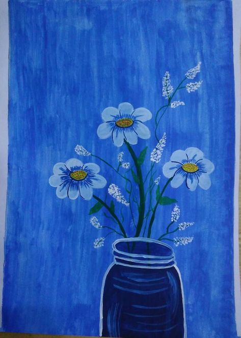 Canvas Painting Ideas Blue Background, Blue Themed Painting Ideas, Easy Painting Ideas On Canvas Blue, Blue Background Painting, A Flower Drawing, Monochromatic Artwork, Blue Art Painting, Bright Red Flowers, Card Painting