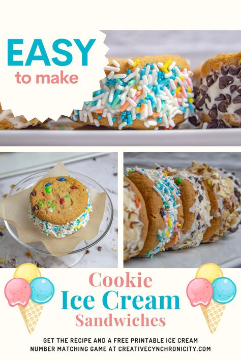 Cookie Ice Cream Sandwiches - Creative Cynchronicity Cookie Ice Cream Sandwiches, How To Make Ice Cream Sandwich Cookies, Sugar Cookie Ice Cream Sandwich, Diy Ice Cream Cookie Sandwich, Cookie Dough Ice Cream Sandwich, Ice Cream Cookie Sandwich Recipe, Heavenly Dessert Recipe, Easy To Make Cookies, Ice Cream Cookie Sandwich