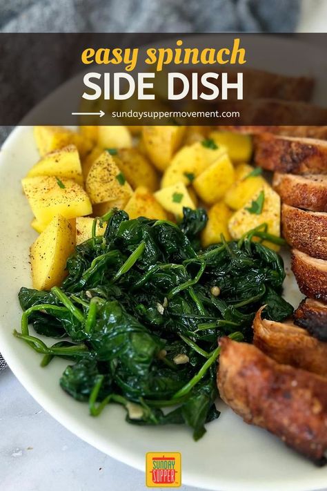 Dark green spinach on a plate with potatoes and sliced meat. Spinach Recipes Sauteed, Best Spinach Recipes, Spinach Side, Spinach Side Dish, Curry Seasoning, Raw Spinach, Hot Spices, Easy Holiday Recipes, Sauteed Spinach