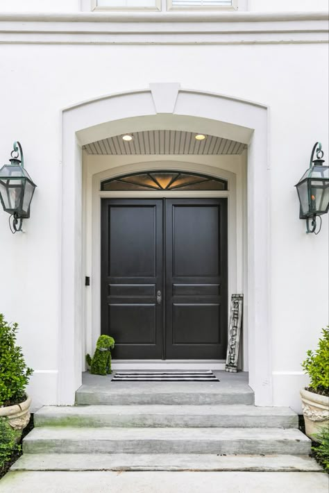 Solid Black Double Front Doors, Black Front Double Doors Entryway, Black Double Entry Doors, Black Front Double Doors, Double Door House Entrance, Front Double Door Ideas Entrance, Double Front Doors Black, Black Double Front Door Entrance, Modern Colonial Front Door