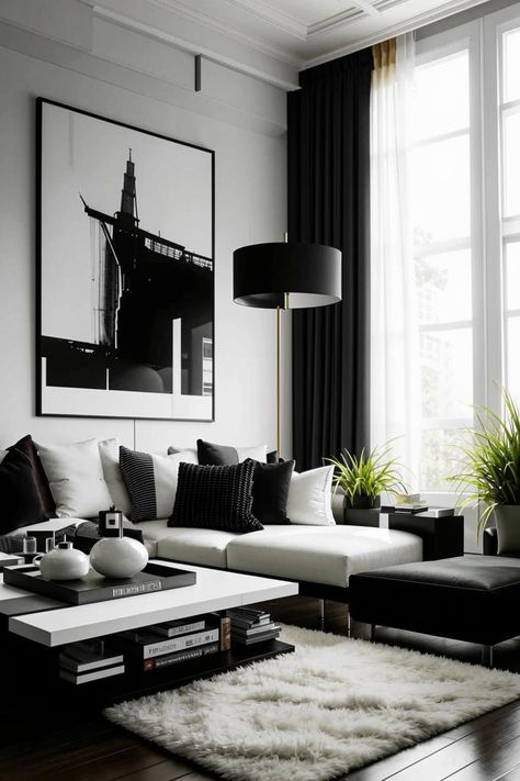 Elevate your living room with timeless black and white decor. From bold graphic patterns to sleek minimalist pieces, create a stylish and sophisticated space thats both dramatic and calming. Explore inspiring ideas for furniture, artwork, and accessories. Black White Home Interior, Black White Home Aesthetic, Black And White Room Inspiration, White Walls Black Furniture Living Room, Black And White Sitting Room Ideas, Modern Living Room Black And White, Black White And Beige Living Room, White And Black Interior Design, Black And White With Pop Of Color Decor