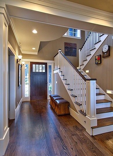 love floors, love stairs, love wainscoting on walls...love everything! Floor Cabinets, Brown Paint Colors, Wooden Floors, Best Paint Colors, Paint Colours, Wood Trim, Style At Home, Staircase Design, Oak Floors