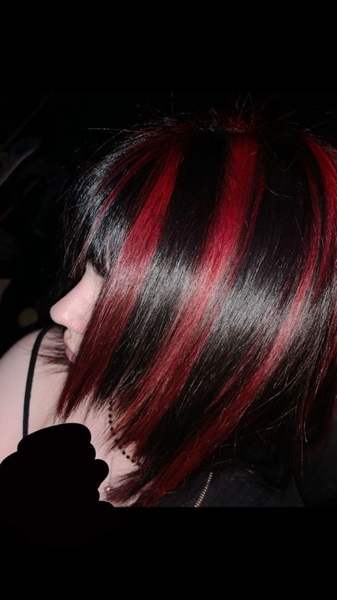 Long Black Hair With Red Streaks, Dyed Hair With Black Hair, Black Highlights On Red Hair, Dark Red Stripes Hair, Emo Striped Hair, Black With Red Streaks Hair, Chucky Red Highlights, Black And Red Tips Hair, Bleach Highlights On Black Hair