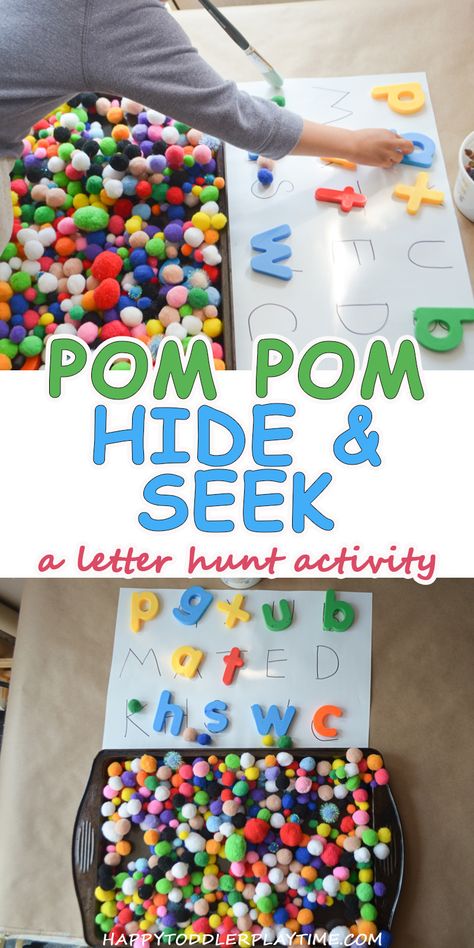 Pom Pom Hide & Seek - HAPPY TODDLER PLAYTIME Sensory Center, Playing Preschool, Prek Centers, Puzzle Theme, Homeschool Toddler, Bee Crafts For Kids, Color Sorting Activities, Preschool Fine Motor Activities, Alphabet Board