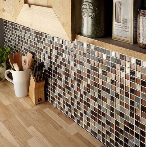 Cascade Glass & Stone Mix Mosaic 25x25mm Bathroom Feature Wall, Diner Ideas, Wood Effect Tiles, Tile Trends, Kitchen Splashback, Mosaic Wall Tiles, Kitchen Wall Tiles, Outdoor Tiles, Kitchen Diner