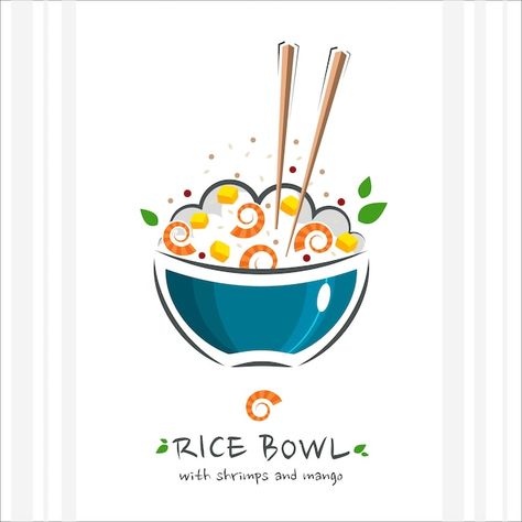 Logo Rice Bowl Design, Rice Bowl Illustration, Rice Bowl Packaging, Poke Bowl Tuna, Poke Rice, Rice Cartoon, Healthy Food Illustration, Logo Kuliner, Logo Rice