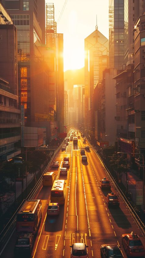 Sunset City Commute: As the sunset bathes the city in golden hues, traffic flows smoothly between towering skyscrapers. #sunset #cityscape #traffic #skyscrapers #urban #aiart #aiphoto #stockcake ⬇️ Download and 📝 Prompt 👉 https://ayr.app/l/RWrv Sunrise Aesthetic City, City At Sunset, Sunset Street, Sunset Cityscape, City Sunset, City Background, Nyc Skyline, Sunset City, 2024 Design