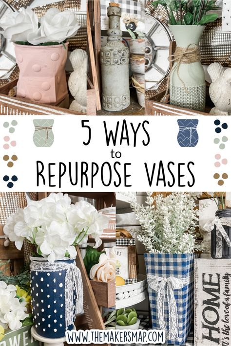 5 Ways to Repurpose Vases Vase Crafts For Kids, Repurpose Vases, Diy Glass Vase Ideas, Glass Vases Decor Ideas, Diy Crafts Vases, Crafts For Kids Easy Diy, Flower Vase Crafts, Farmhouse Vases, Vase Project