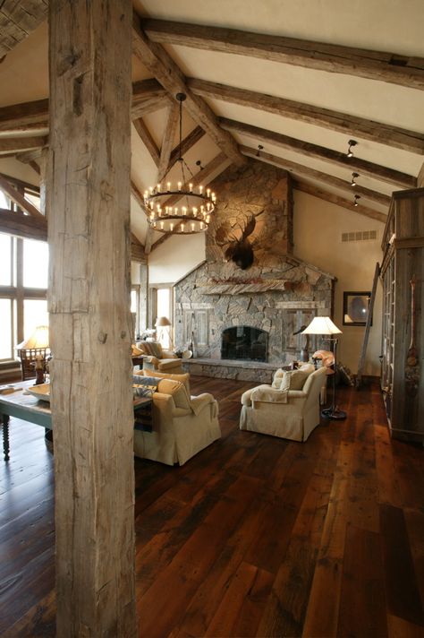 Vaulted Ceiling With Wood Beams Living Room, Barn Beams In House, Wood Beams Living Room, Whipstaff Manor, Post And Beam Cabin, Barn Wood Ceiling, Ceiling Beams Living Room, Wood Homes, Beam House