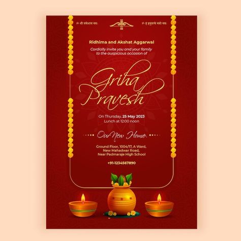 Vector vector griha pravesh house warmin... | Premium Vector #Freepik #vector #invitation-card-invite #invitation-card-template #ivitation-cards #wedding-invitation Grah Pravesh Invitation Card Template, Ghar Pravesh Invitation Card, Gruha Pravesh Invitation Card, Freepik Wedding Invitations, Grih Pravesh Invitation Card, Grah Pravesh Invitation Card, Griha Pravesh Invitation Card Template, Graha Pravesh Invitation, Ghar Pravesh