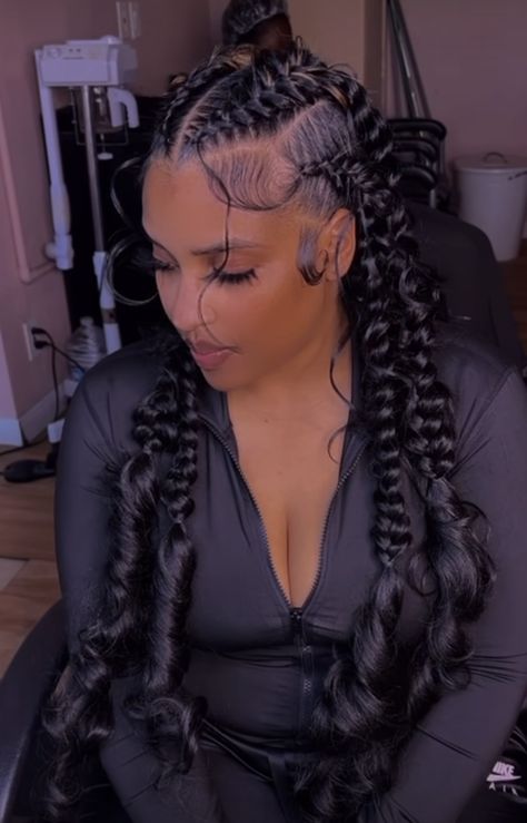 Modern Braid Hairstyles For Black Women, 3 Dutch Braids On Top Of Head, Four Braids With Curls, Braids For Labor And Delivery, 2 Strand Braids Hairstyles, Easy Hairstyles For Labor And Delivery, Braided Pony Tailed Hairstyle, Jumbo French Braids, Hairstyles For Labor And Delivery