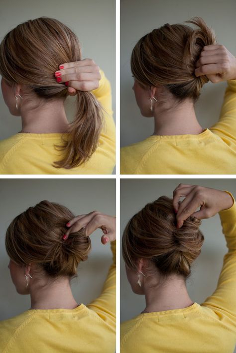 Hairstyle How-To:        Gather your hair into a low ponytail      Twist your ponytail and twist it up      Tuck the end of your ponytail inside to form a roll      Use bobby pins to pin in place. For a secure finish, pin from right to left, twisting the pin 180 degrees  so that you catch hair from the top but pin underneath (see photos) French Knot Hairstyle, Chignon Simple, French Roll Hairstyle, French Twist Updo, French Roll, Hair Romance, Roll Hairstyle, Twist Ponytail, French Twist Hair