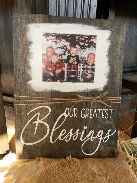 Our greatest blessings customized, hand painted photo sign, Rustic wood wall art, parents, grandparents gift by REFINDdesigngals on Etsy Grandchildren Sign, Photo Hanger, Sign Sayings, Daughter Shirts, Block Signs, Rustic Wood Wall Art, Rustic Wood Wall, Photo Sign, Farmhouse Crafts