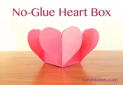 no-glue heart box, with printable template and video instructions. Fun and easy valentines craft! How To Make A Heart Box Out Of Paper, Heart Paper Box Diy, Heart Shaped Box Diy, Diy Heart Shaped Box Paper Crafts, Heart Shaped Box Cricut, Heart Box Template, Easy Diy Valentines, Box Template Printable, Portfolio Project