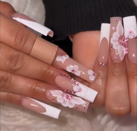 Long Pink Acrylic Nails Square, Hispanic Nails Acrylic, 3s Flower Nails, Mexican Pink Nails, Pink Quince Nails Short Simple, Latina Acrylic Nails Pink, Pink Xv Nails, Nina Fresa Nails, Quince Pink Nails