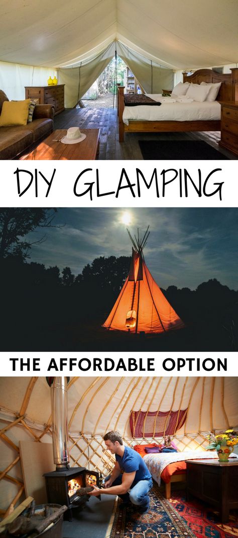 Fancy glamping but don't like the idea of it being so expensive? DIY Glamping can be simple and cheap, yet, just as awesome of an experience anywhere around the world. Cheap Glamping Ideas, Diy Glamping, Glamping Business, Glamping Essentials, Bell Tent Camping, Camping Girl, Glamping Ideas, Glamping Party, Glamping Tent