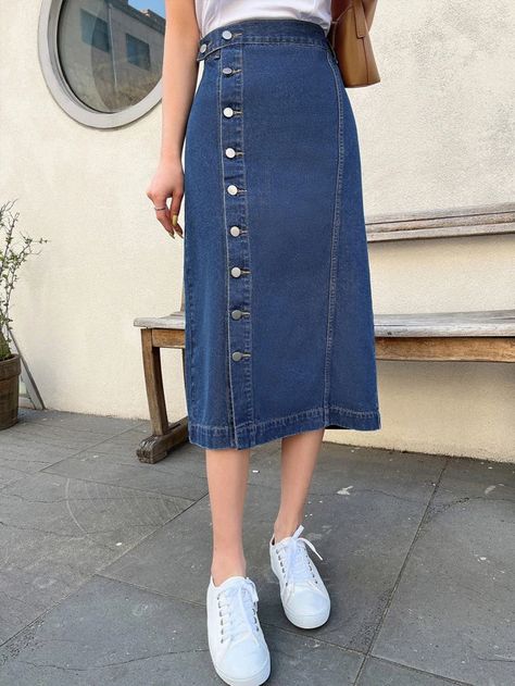 DAZY High Waist Single Breasted Denim Skirt | SHEIN USA High Waisted Denim Skirt Outfit, Christian Modest Outfits, Jeans Long Skirt, Denim Long Skirt, Smart Casual Women Outfits, Button Front Denim Skirt, Denim Shorts Outfit, Skirt Inspiration, High Waisted Denim Skirt