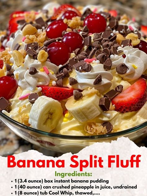 Theresa Kirby Banana Split Fluff, 2 Ingredient Desserts, Old Fashioned Banana Pudding, Instant Banana Pudding, Fluff Salad, Recipes Banana, Banana Split Cake, Banana Split Dessert, Banana Dessert Recipes