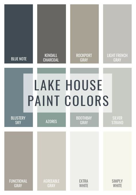 The best gray and blue neutral lake house paint colors Lake House Colors Palette, Blue Paint Schemes For House, Lake House Paint Colors Benjamin Moore, Lake House Paint Palette, Lake House Palette, House Interior Colors Ideas Wall, Lake House Shiplap Wall, Neutral Lake House Paint Colors, Blue Grey House Color Scheme Exterior