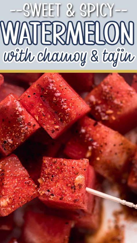 Watermelon Recipes Appetizers, Chamoy And Tajin Fruit, Spicy Watermelon Salad, Chamoy Recipe Ideas, Recipes With Chamoy, Party Snack Ideas For Adults, Summer Party Ideas For Adults, Chamoy Recipes, Tajin Watermelon