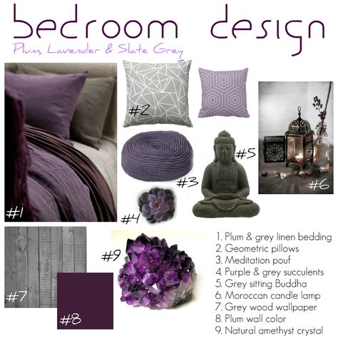 Purple Gray And Green Bedroom, Amethyst Bedroom Ideas, Olive And Plum Bedroom, Minimalist Bedroom Purple, Plum And Grey Bedroom, Plum Wall Color, Harem Room, Purple And Grey Bedroom Ideas, Bedroom Lilac