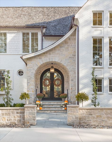 House On A Hill Entry Entry Courtyard, Arched Doorway, Architects House, French Country Exterior, Cast Stone Fireplace, Stone Exterior Houses, Minnesota Lake, European Cottage, Cottage Exterior