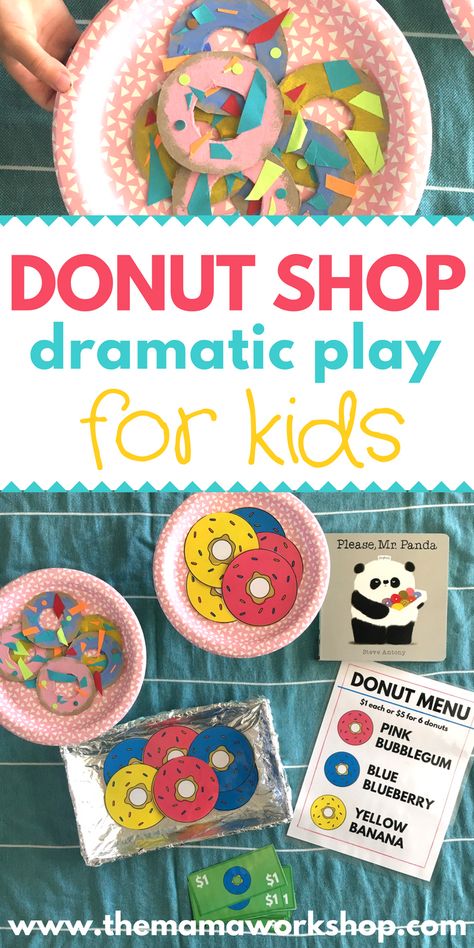 How to Setup a Donut Shop Dramatic Play Area | The Mama Workshop Dramatic Play Activities, Dramatic Play Themes, Play For Kids, Dramatic Play Preschool, Dramatic Play Area, Dramatic Play Centers, Play Centre, Donut Shop, Toddler Learning Activities