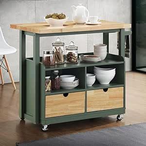 PHI VILLA Kitchen Island Cart on Wheels - Butcher Block Island Table for Food Prep, Rolling Kitchen Trolley with Storage Villa Kitchen, Counter Storage, Cart On Wheels, Kitchen Furniture Storage, Butcher Block Island, Island Cart, Island Table, Kitchen Island Cart, Kitchen Trolley