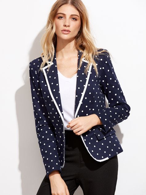 Shop Polka Dot Print Contrast Binding Blazer online. SheIn offers Polka Dot Print Contrast Binding Blazer & more to fit your fashionable needs. Polka Dot Blazer Outfit, Blazer Office Outfit, Trendy Blazers, Polka Dot Jacket, Dots Fashion, Fall Blazer, Polka Dot Blazer, Polka Dots Fashion, Embellished Jacket