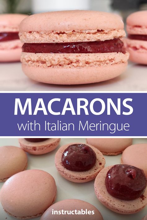 Raspberry Jam Filling For Macarons, Italian Meringue Macaron Recipes, Raspberry Macaroons Recipe, Italian Macaroons Recipe, Italian Meringue Macaron, Raspberry Macaron Recipes, Italian Macaron Recipe, Macarons Filling Recipe, Easy Macaroons