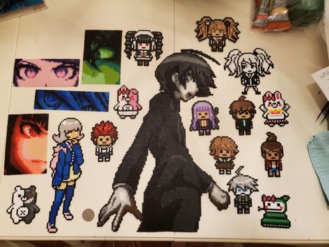 Perler Bead Patterns Danganronpa, Danganronpa Perler Beads, Danganronpa Perler, Danganronpa Pixel Art, Melty Bead Patterns, Danganronpa Funny, Perler Crafts, Diy Perler Bead Crafts, Pixel Art Grid