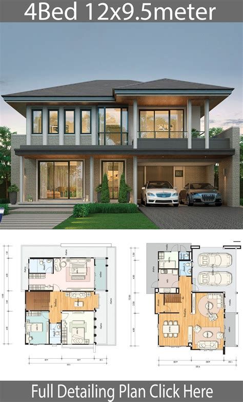 House Plans Design Idea 13x9 With 4 Bedrooms - House Plans Thanlyin, Pyay, 4 Bedroom House Designs, Detail Arsitektur, Two Story House Design, Pelan Rumah, 2 Storey House Design, House Plans Mansion, 4 Bedroom House Plans