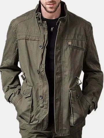 Stand Collar Pockets Cotton Waist Drawstring Military Solid Color Jacket for Mensales-NewChic Mobile Older Men Haircuts, Italian Mens Fashion, Everyday Jacket, California Outfits, Dad Fashion, Retro Jacket, Tactical Boots, Cargo Jacket, Men's Coats & Jackets