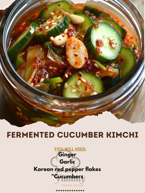 🥒 "Enjoy the tangy, spicy flavors of Fermented Cucumber Kimchi—a traditional delight that's both refreshing and bold!" 🥒🌶️ #KimchiLove #FermentedFoods Fermented Cucumber Kimchi Ingredients: Cucumbers, sliced (4 cups) Korean red pepper flakes (2 tbsp) Garlic, minced (2 cloves) Ginger, minced (1 tbsp) Fish sauce (2 tbsp) Sugar (1 tbsp) Green onions, chopped (2) Salt (1 tbsp) Instructions: Toss cucumbers with salt and let sit for 30 minutes. Rinse and drain cucumbers. Mix red pepper flakes, ... Fermented Cucumber Kimchi Recipe, Kimchi Ingredients, Fermented Cucumbers, Snacks Business, Cucumber Kimchi, Spicy Cucumber, Vegan Journey, Fermented Kimchi, Kimchi Recipe