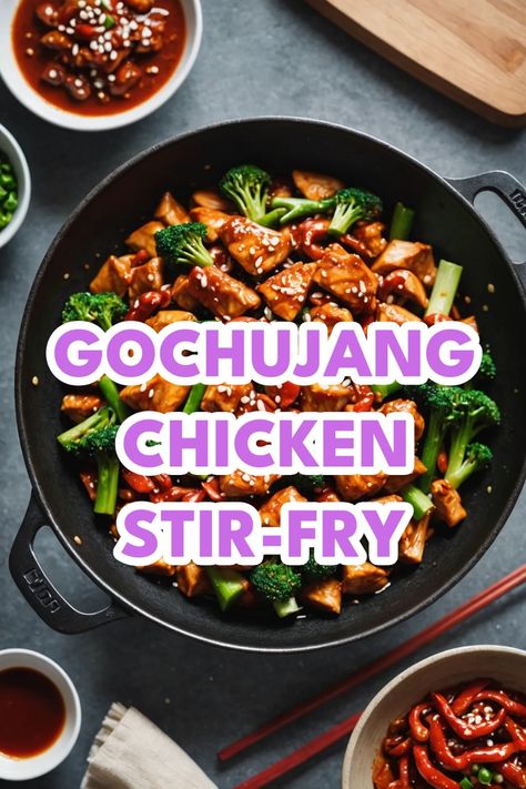 A photo of a  Gochujang Chicken Stir-Fry which is a type of Gochujang Recipes Recipe With Gochujang Sauce, Gochujang Rice Noodles, Gogugang Chicken, Gochujang Chicken Stir Fry, Stir Fry Chicken Noodles, Gochujang Dishes, Gochujang Stir Fry, Gochujang Paste Recipe, Gochujang Recipe Dishes