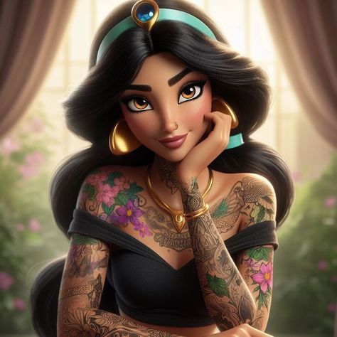 Princess Jasmine Tattoo, Punk Disney Characters, Gothic Disney Princesses, Disney Characters Tattoos, Dark Disney Princess, Jasmine Tattoo, Dark Disney Art, Modern Day Disney, Goth Disney Princesses