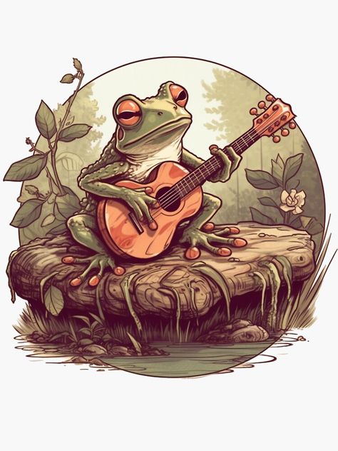 Cottage Core Frog, Frog Playing Guitar, Frog Tattoos, Frog Drawing, Witchy Wallpaper, Music Painting, Frog Art, Animal Graphic, Frog And Toad