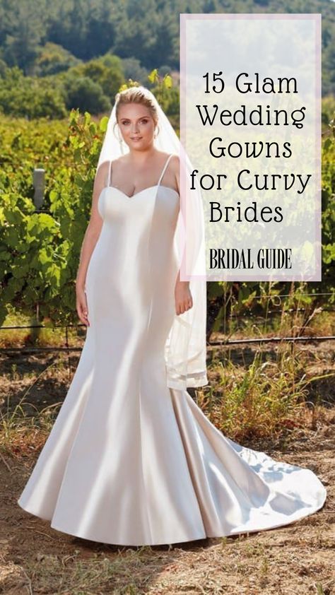 From sexy mermaid styles to sparkling sheaths, these plus-size wedding gowns are a bridal dream come true. #CurvyBrides #GlamWeddingGown #PlusSizedWeddingGowns Size 12 Bride Wedding Gowns, Big Belly Wedding Dress, Wedding Dress Plus Size Mermaid, Hollywood Glam Wedding Dress, Old Hollywood Wedding Dress, Plus Size Wedding Dresses Curvy Bride, Sleek Wedding Dress, Sheath Wedding Dresses, Hollywood Glam Wedding