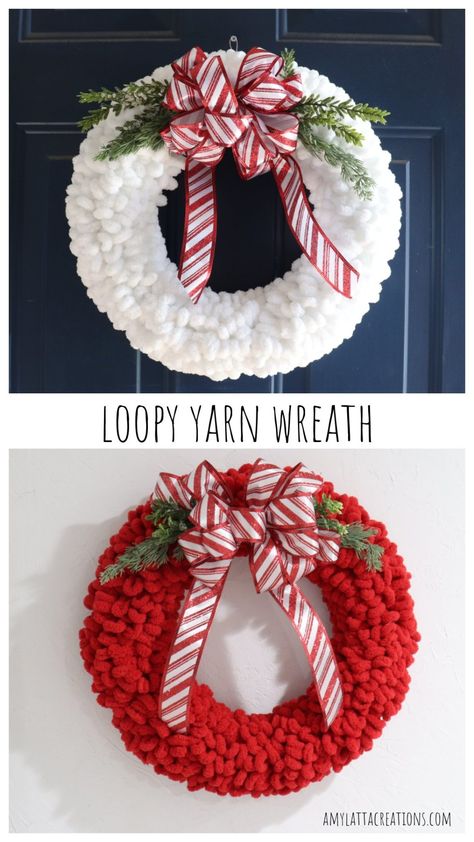 Loopy Yarn Wreath - Amy Latta Creations Small Loop Yarn Projects, Christmas Yarn Wreaths For Front Door, Yarn Loop Wreath, How To Make A Loop Yarn Wreath, Wreaths Made With Yarn, Loop Yarn Winter Wreath, Loopy Yarn Christmas Tree, Christmas Wreath With Yarn, Christmas Wreath For Door