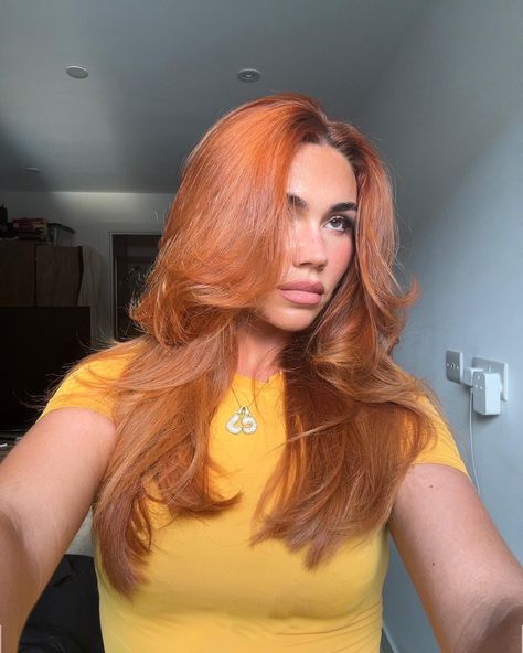 Ginger 
Copper hair 
L’Oréal 
Butterfly cut
Copper Hair Butterfly Cut, Copper Orange Hair, Hair Butterfly, Butterfly Cut, 11k Followers, Copper Hair, Orange Hair, Hair Inspo, Hair Ideas