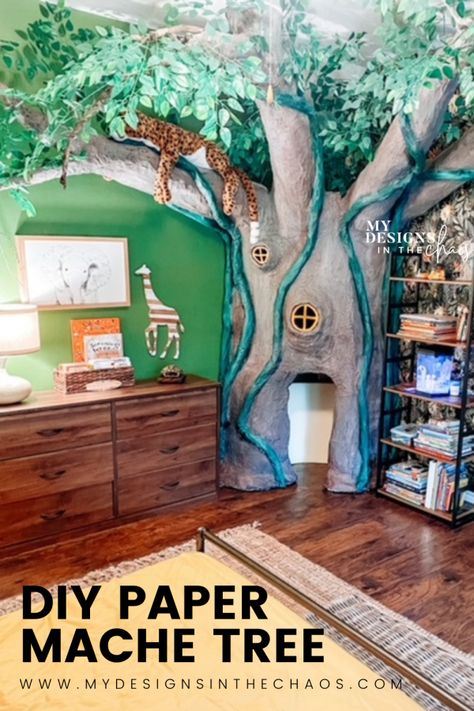 A Paper Mache Tree is The Star in this Jungle Room Makeover - My Designs In the Chaos Paper Mache Tree On Wall, Nature Themed Kids Room, Girls Jungle Bedroom, Boys Jungle Room, Jungle Bedroom Kids, Nature Themed Room, Jungle Room Decor, Jungle Theme Rooms, Kids Jungle Room